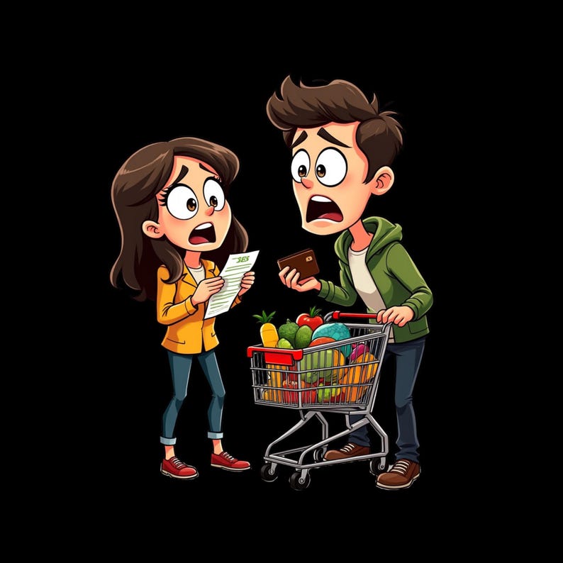 May include: A cartoon illustration of two people with wide-eyed, shocked expressions. One person in a yellow jacket holds a white receipt, while the other in a green hoodie holds a brown wallet next to a metal shopping cart filled with fresh produce.