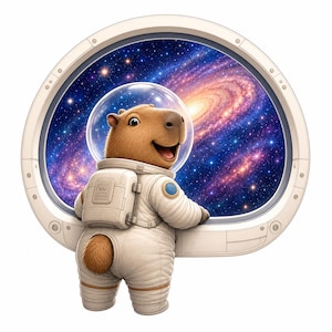 May include: A brown capybara wearing a white space suit with a clear glass helmet, looking out of a circular spacecraft window at a vibrant purple and blue galaxy filled with glowing stars and a swirling spiral nebula in deep space.