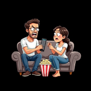 May include: A cartoon illustration of two people sitting on a grey sofa. One person with brown hair and glasses holds a black remote control, while the other person with long brown hair gestures. A red and white striped bucket of popcorn sits in front.