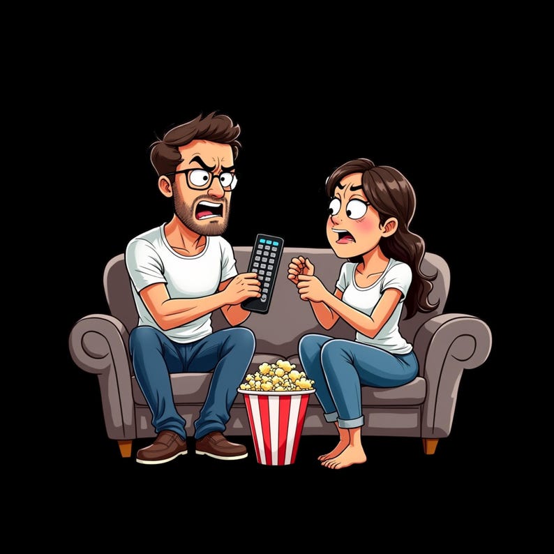 May include: A cartoon illustration of two people sitting on a grey sofa. One person with brown hair and glasses holds a black remote control, while the other person with long brown hair gestures. A red and white striped bucket of popcorn sits in front.