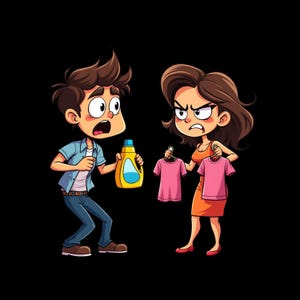 May include: A cartoon illustration of a person with brown hair wearing a blue shirt and jeans holding a yellow laundry detergent bottle, facing another person with brown hair in an orange dress holding two pink shirts on hangers with an angry expression.