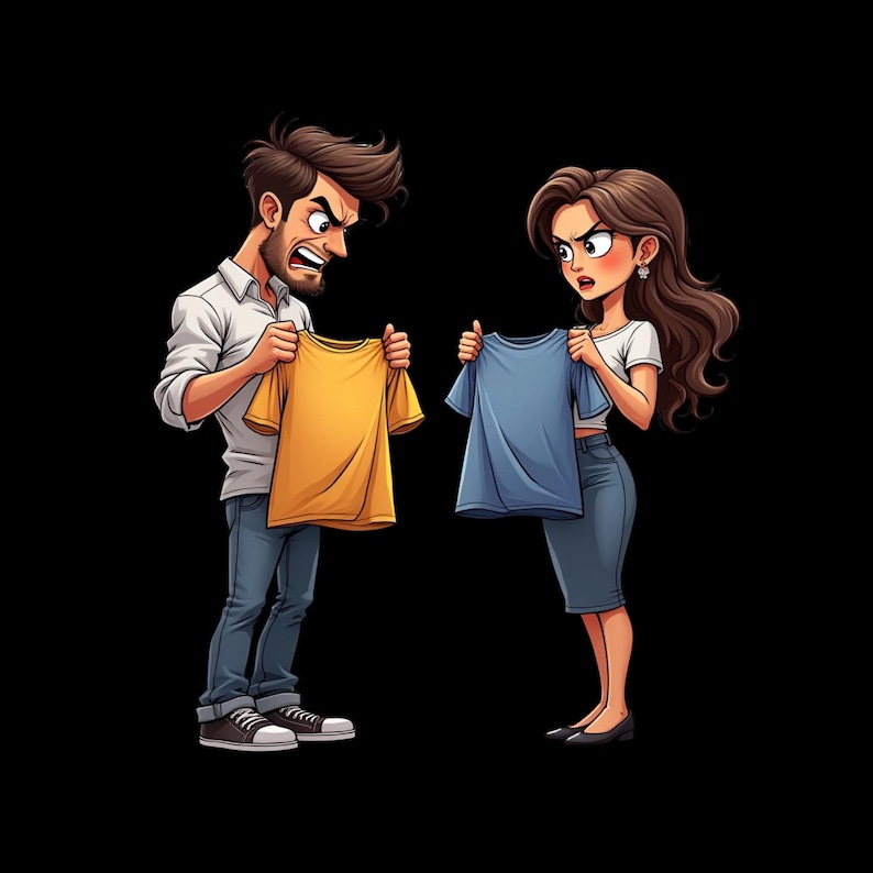 May include: A cartoon illustration of two individuals with angry expressions. One individual wears a white button-down shirt and blue jeans, holding a yellow t-shirt. The other individual wears a white t-shirt and blue skirt, holding a blue t-shirt.