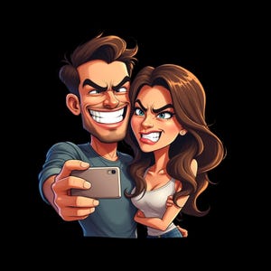 May include: A cartoon illustration of two people taking a selfie. The person on the left has short brown hair and a wide grin, wearing a grey shirt. The person on the right has long wavy brown hair and a playful scowl, wearing a white tank top.
