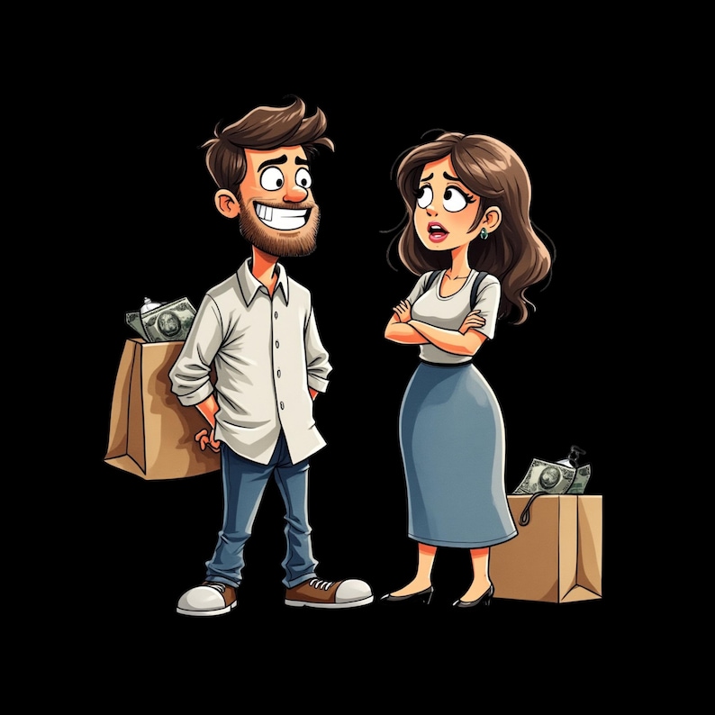 May include: A cartoon illustration of two individuals standing with brown paper shopping bags containing banknotes. One individual has brown hair and a beard, wearing a white button-down shirt and blue jeans. The other has long brown hair, wearing a white t-shirt and a blue skirt.