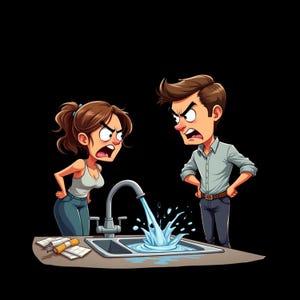 May include: A cartoon illustration of two angry individuals standing on opposite sides of a kitchen sink. A silver faucet is running, causing water to splash into the basin. One individual has brown hair in a ponytail, and the other has short brown hair.