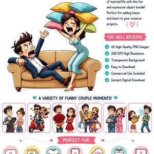 May include: A digital clipart bundle titled Husband and Wife featuring 45 PNG images of a cartoon couple in various scenarios. The main graphic shows a couple on a sofa with pillows, accompanied by text detailing file specifications and usage.