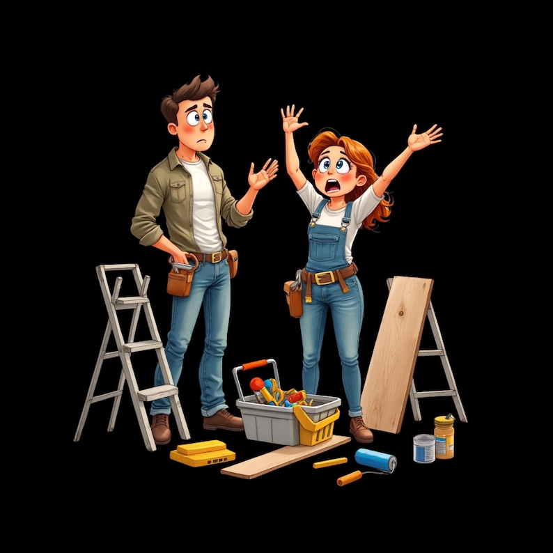 May include: A cartoon illustration of two individuals in work attire, one wearing a tan shirt and jeans, the other in denim overalls and a white shirt. They are surrounded by a step ladder, a wooden plank, a toolbox, paint rollers, and paint cans.