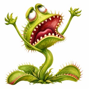 Può includere: Un'illustrazione di una pianta carnivora verde con la bocca spalancata, denti affilati e braccia sollevate. La pianta presenta un lungo stelo, una grande testa con occhi espressivi rivolti verso l'alto e due foglie spinose alla base.