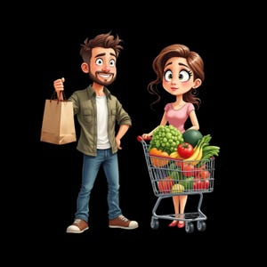 May include: A cartoon illustration of a person with brown hair and a beard wearing a green shirt, white t-shirt, and blue jeans holding a brown paper bag, next to a person with long brown hair in a pink shirt pushing a metal shopping cart full of produce.