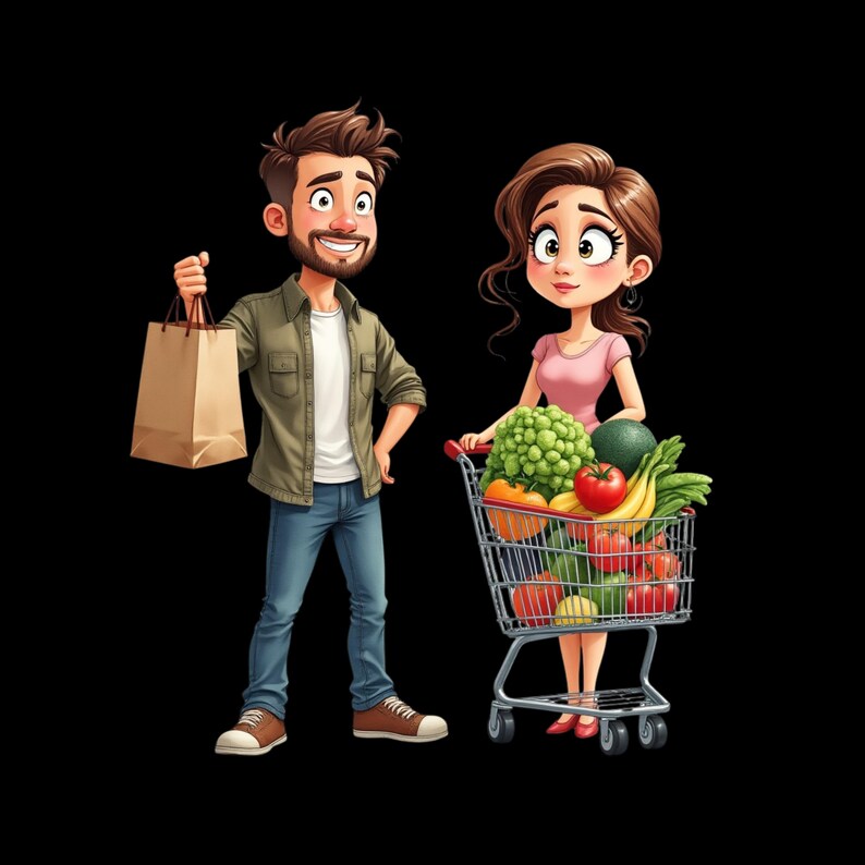 May include: A cartoon illustration of a person with brown hair and a beard wearing a green shirt, white t-shirt, and blue jeans holding a brown paper bag, next to a person with long brown hair in a pink shirt pushing a metal shopping cart full of produce.