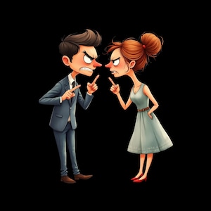 May include: A cartoon illustration of two figures facing each other in a heated argument. One figure wears a grey suit and tie, while the other wears a light blue dress with a brown belt. Both figures have angry expressions and point fingers.