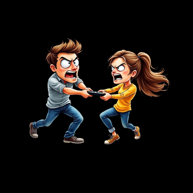 May include: A cartoon illustration of two individuals with angry expressions pulling on a black video game controller. The person on the left wears a light blue shirt and blue jeans, while the person on the right wears a yellow long-sleeve shirt and blue jeans.