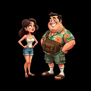 May include: A cartoon illustration of two figures. One figure wears a white vest top, blue denim shorts, and brown sandals. The other figure wears a green floral short-sleeved shirt, olive cargo shorts, a brown crossbody bag, white socks, and brown sandals.