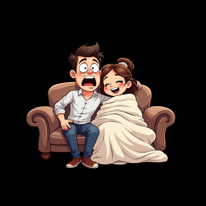 May include: A cartoon illustration of two figures sitting on a brown sofa. One figure has brown hair, wears a white button-down shirt and blue jeans, and has a shocked expression. The other figure is wrapped in a large white blanket and is smiling.