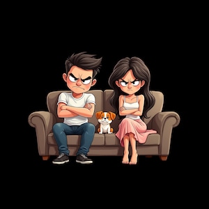 May include: A cartoon illustration of two people with angry expressions sitting on a brown sofa with their arms crossed, accompanied by a small brown and white dog sitting between them, all set against a solid black background.