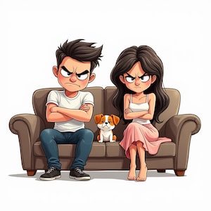 May include: A cartoon illustration of two people with angry expressions sitting on a brown sofa with their arms crossed. A small brown and white dog sits between them on the couch. The person on the left wears a white t-shirt and blue jeans.