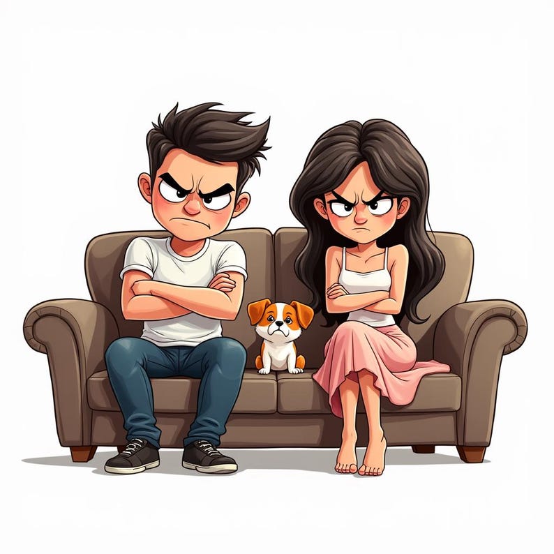 May include: A cartoon illustration of two people with angry expressions sitting on a brown sofa with their arms crossed. A small brown and white dog sits between them on the couch. The person on the left wears a white t-shirt and blue jeans.