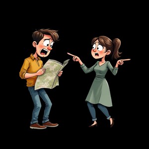 May include: A cartoon illustration of two figures with wide, shocked eyes. One figure wears a yellow shirt and blue jeans whilst holding an open map. The other figure wears a green dress over blue leggings and points in two different directions.