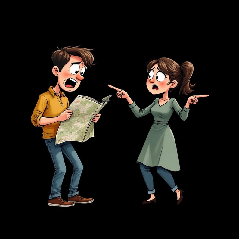 May include: A cartoon illustration of two figures with wide, shocked eyes. One figure wears a yellow shirt and blue jeans whilst holding an open map. The other figure wears a green dress over blue leggings and points in two different directions.