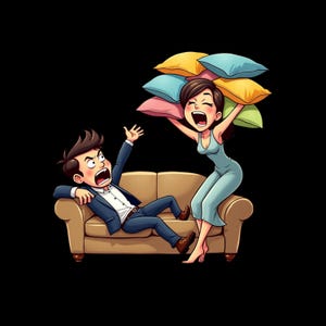 May include: A cartoon illustration of a person in a blue suit reclining on a beige sofa with a shocked expression, while another person in a light blue dress stands beside the sofa holding a stack of colourful pillows above their head.