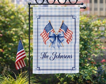 Bandera patriótica personalizada para jardín, bandera con nombre familiar personalizado, banderín con lazo de la bandera estadounidense para patio, decoración exterior para el 4 de julio, regalo para el Día de los Caídos.