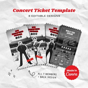 Może przedstawiać: Szablon biletu na koncert z 8 edytowalnymi wzorami. Bilety przedstawiają czarno-biały obraz miejsca koncertu i tekst "BTS World Tour Arirang". Bilety zawierają nazwiska artystów i datę koncertu.