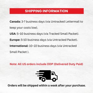 Puede incluir: Un gr&aacute;fico informativo sobre fondo blanco con el encabezado rojo SHIPPING INFORMATION. El texto detalla los plazos de entrega para Canad&aacute;, EE. UU., Europa e internacional, incluye una nota sobre DDP para pedidos de EE. UU. y un icono de cami&oacute;n negro.