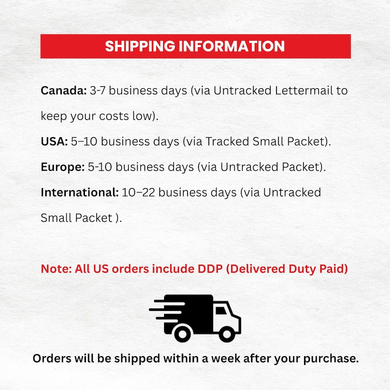 Puede incluir: Un gr&aacute;fico informativo sobre fondo blanco con el encabezado rojo SHIPPING INFORMATION. El texto detalla los plazos de entrega para Canad&aacute;, EE. UU., Europa e internacional, incluye una nota sobre DDP para pedidos de EE. UU. y un icono de cami&oacute;n negro.