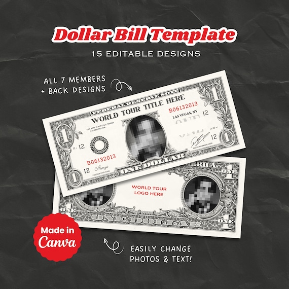 ARllRANG Dollar Bill Template | 15 Editable Designs | K-pop Concert Freebies (Digital Download)