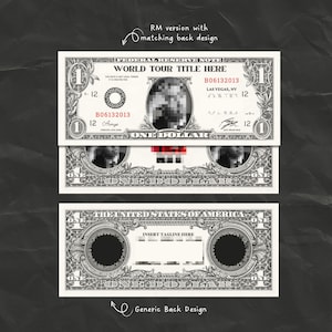 Op de afbeelding: Een nieuwigheid een-dollarbiljetontwerp met de tekst WORLD TOUR TITLE HERE, een centraal gepixeld portret en het serienummer B06132013. Het ontwerp bevat een bijpassende achterkant met de tekst INSERT TAGLINE HERE en versierde randen.