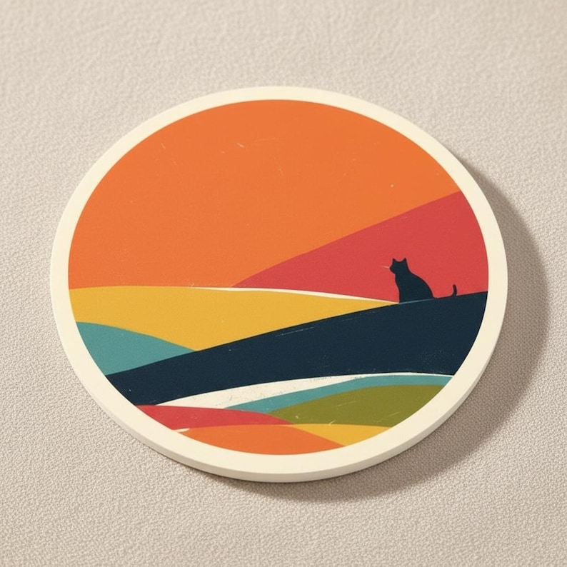 Retro katt akrylunderlägg, mitten av århundradet landskapsunderlägg, minimalistisk, värmebeständig muggunderlägg Design 3