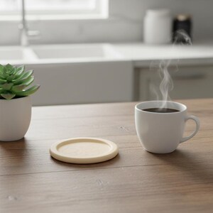 May include: A white ceramic mug filled with dark coffee, emitting steam, sits on a wooden table next to a light-colored wooden coaster. A small potted succulent is on the left. The background shows a kitchen sink.
