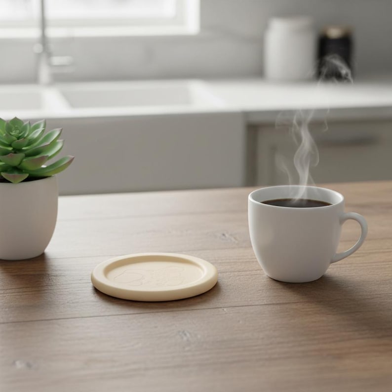 May include: A white ceramic mug filled with dark coffee, emitting steam, sits on a wooden table next to a light-colored wooden coaster. A small potted succulent is on the left. The background shows a kitchen sink.