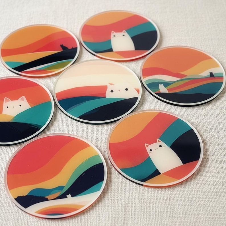 Retro katt akrylunderlägg, mitten av århundradet landskapsunderlägg, minimalistisk, värmebeständig muggunderlägg bild 2