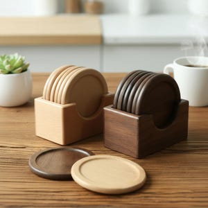 May include: Wooden coaster sets in light and dark brown. Each set includes six round coasters and a matching holder. The coasters are made of wood and have a smooth finish. The holders are rectangular with a curved opening.