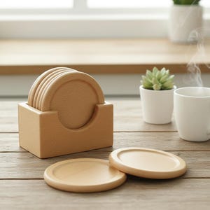 May include: A set of six round wooden coasters with a matching square holder. Two coasters are outside the holder, resting on a wooden surface. The coasters and holder are made of light-colored wood.