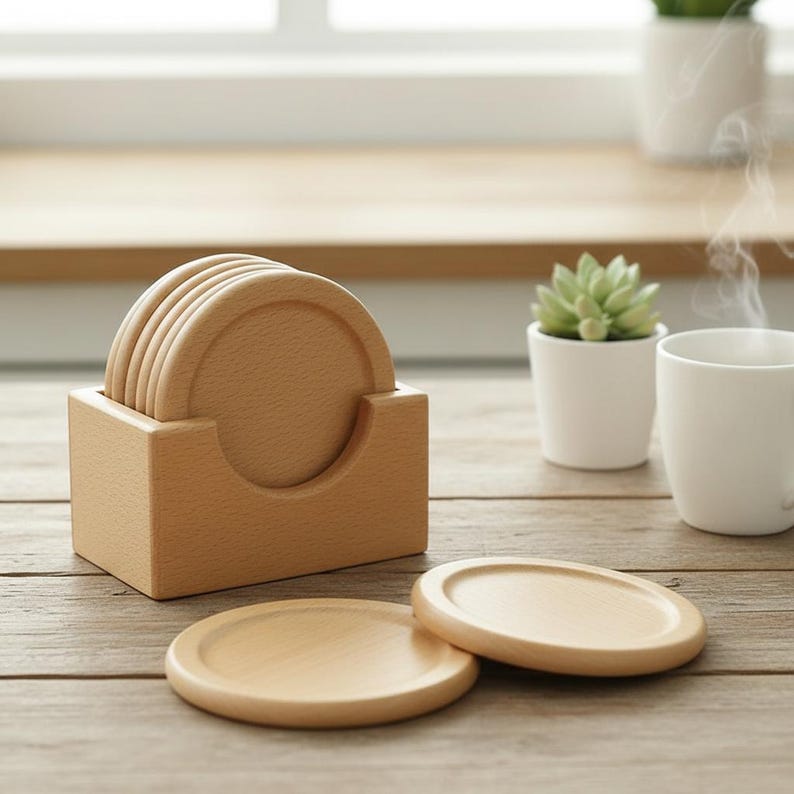 May include: A set of six round wooden coasters with a matching square holder. Two coasters are outside the holder, resting on a wooden surface. The coasters and holder are made of light-colored wood.