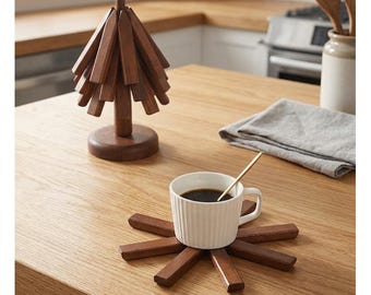 Walnut Wood Folding Trivet Set: Decorative Tree Sculpture, Heat Resistant Pot Holder