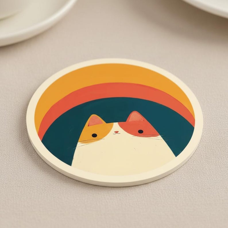 Retro katt akrylunderlägg, mitten av århundradet landskapsunderlägg, minimalistisk, värmebeständig muggunderlägg bild 11