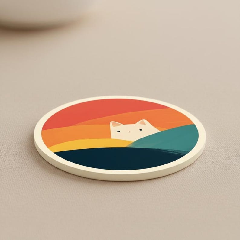 Retro katt akrylunderlägg, mitten av århundradet landskapsunderlägg, minimalistisk, värmebeständig muggunderlägg Design 6