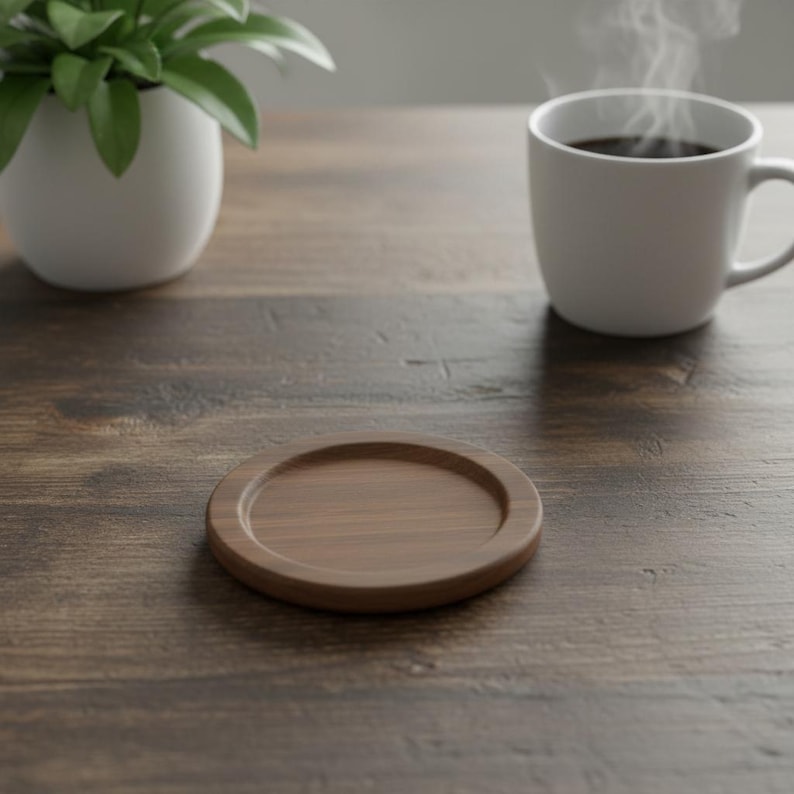 May include: A round, wooden coaster with a raised edge sits on a dark wood surface. A white mug filled with steaming dark liquid is in the background, along with a small potted plant. The coaster is approximately 4 inches in diameter.