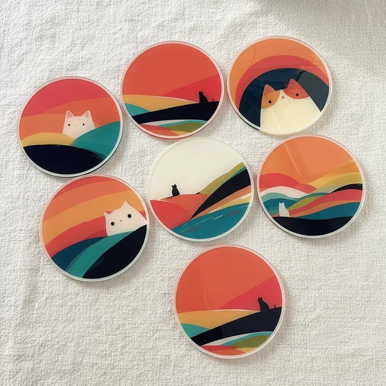 Retro katt akrylunderlägg, mitten av århundradet landskapsunderlägg, minimalistisk, värmebeständig muggunderlägg Complete Set of 8