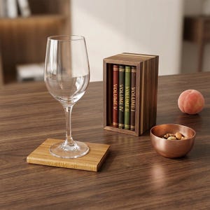 May include: A clear wine glass rests on a wooden coaster with "VOLUME III" etched on it. A wooden box contains five miniature books labelled "VOLUME I" to "VOLUME V". A copper bowl with nuts and a peach are also on the table.