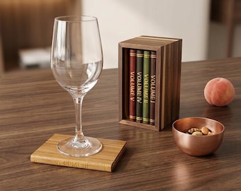 Wooden Book Coaster Set: Vintage Bookshelf Drink Mats, Dark Academia Decor