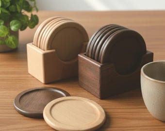 Minimalistiskt valnötsunderläggsset med hållare, rund soffbordsdekoration