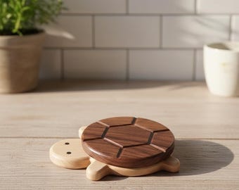 Wooden Turtle Coaster, Walnut and Beech Wood Drink Mat, Rustic Kitchen Decor
