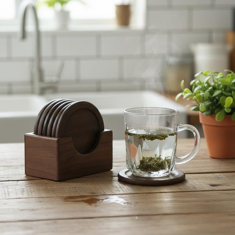 May include: A set of six round, dark brown wooden coasters in a matching wooden holder. A glass mug with a handle sits on one coaster, filled with tea and steam. A small potted plant is in the background.