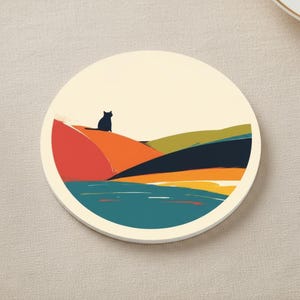 Retro katt akrylunderlägg, mitten av århundradet landskapsunderlägg, minimalistisk, värmebeständig muggunderlägg Design 4