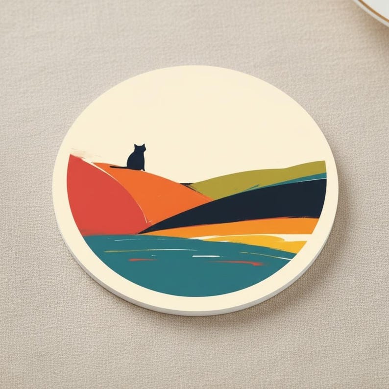 Retro katt akrylunderlägg, mitten av århundradet landskapsunderlägg, minimalistisk, värmebeständig muggunderlägg Design 4