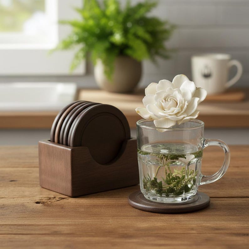 May include: A set of six brown wooden coasters in a matching holder, alongside a glass of water with a white flower on top. The coasters are round and sit on a wooden table, creating a warm, inviting aesthetic.